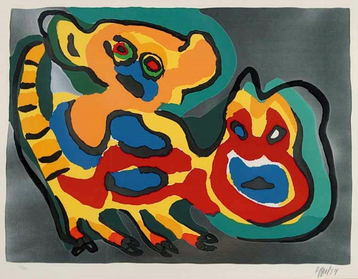 Karel APPEL (1921-2006) Lithography from 1974 – Come back pussycat with silver back ground – Copie