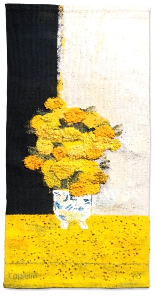 Tapestry titled: Bouquet of India roses in China vase and yellow table