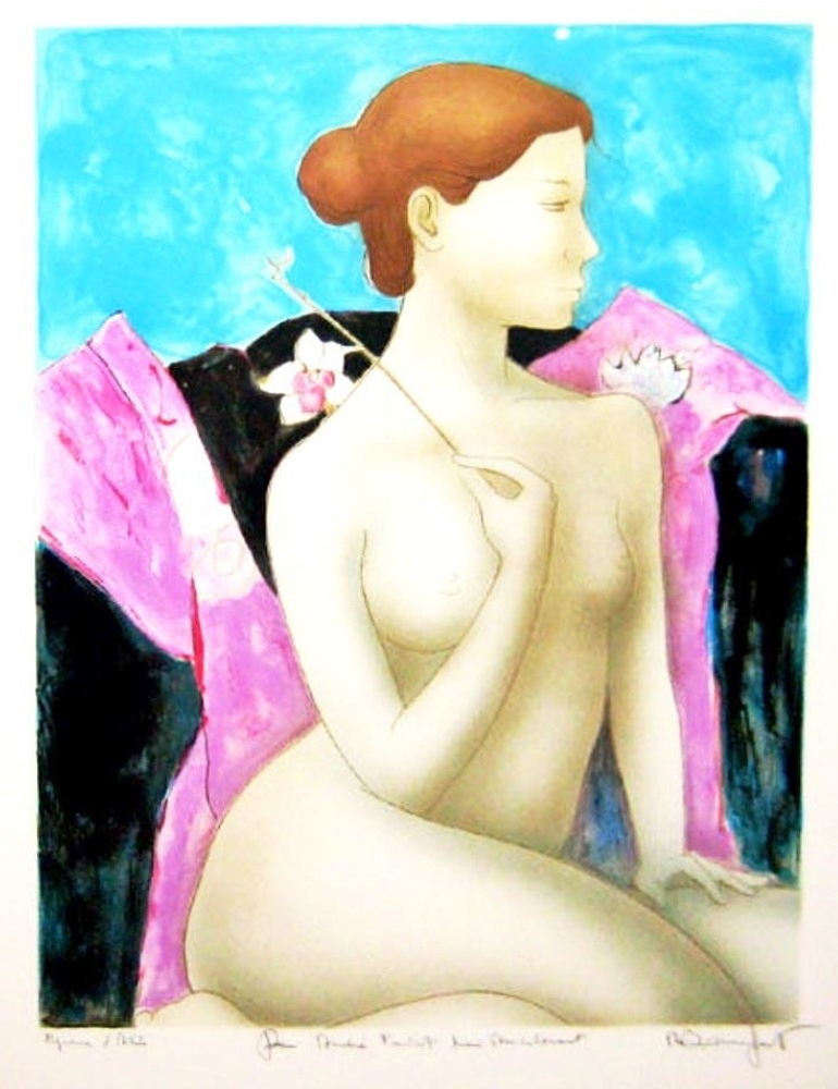 Alain BONNEFOIT (1937) Lithograph in color on wove paper – Jeune femme à la fleur et kimono rose – YLA