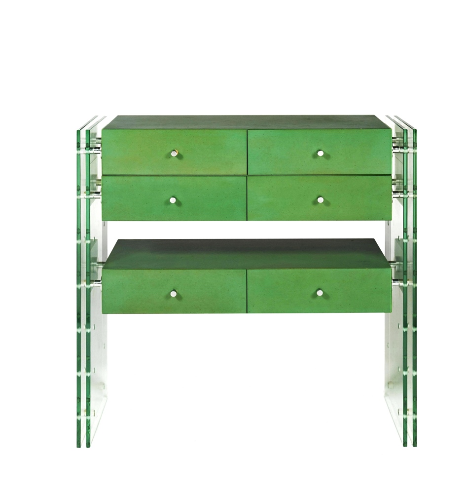 Console in green melamine with glass support base in Séristal