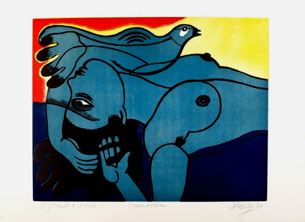 CORNEILLE (1922 – 2010) Etching and aquatint on paper-Femme et oiseau-1991-YLA-E-A